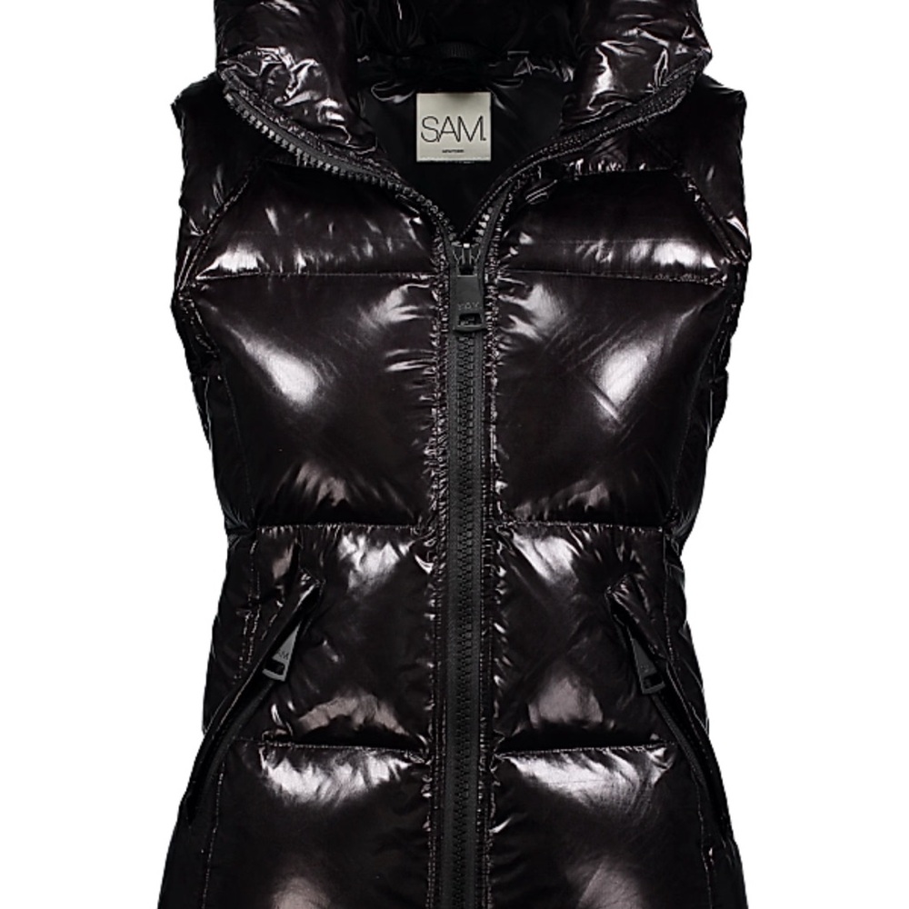SAM. Black Glossy Puffer Vest with Hood